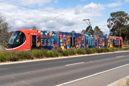 Light rail vehicles. Canberra.25/8/22Photograph by Bradley Cummings.